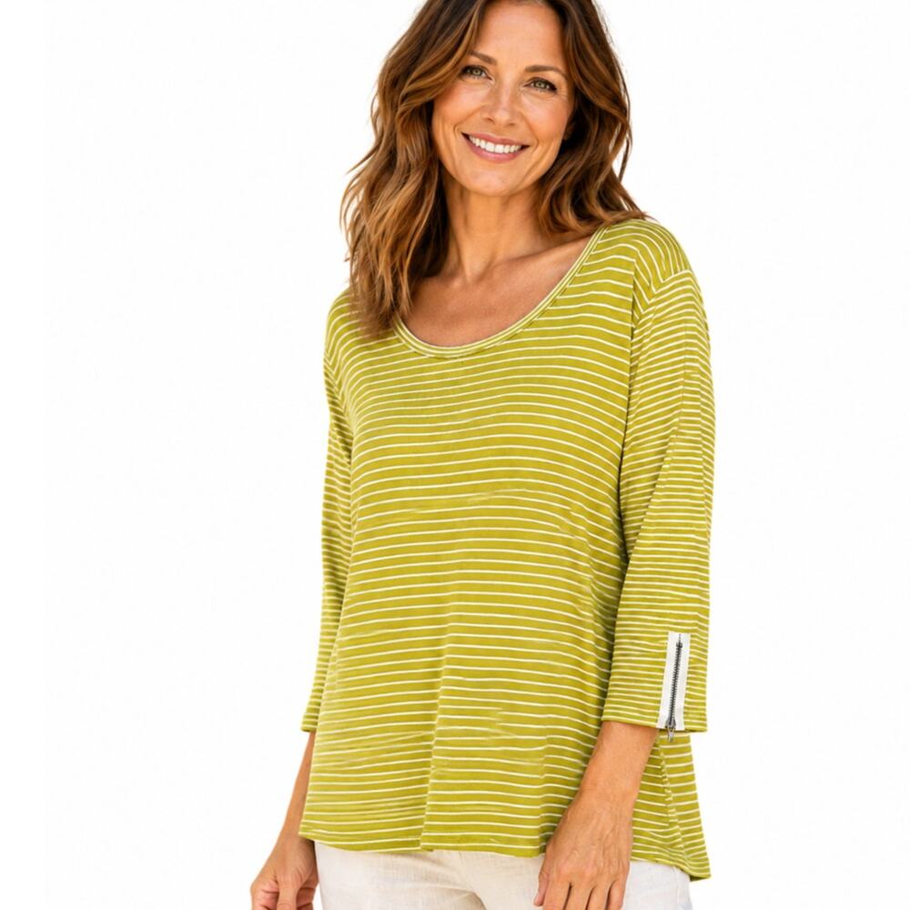 Chicos Zenergy Mixed Stripe Knit Top Size 3 (Womens XL) Lime Green Cotton Modal
